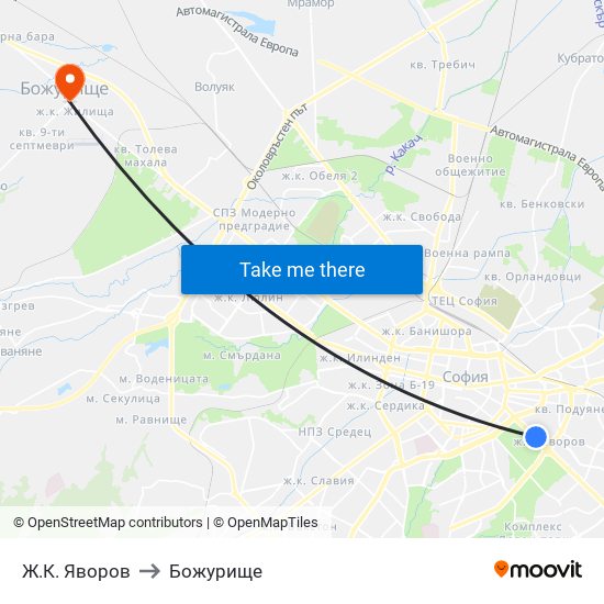 Ж.К. Яворов to Божурище map