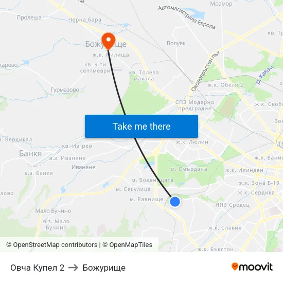 Овча Купел 2 to Божурище map