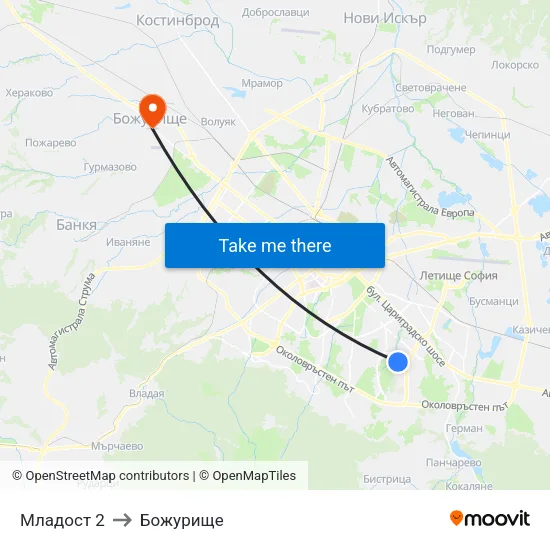 Младост 2 to Божурище map