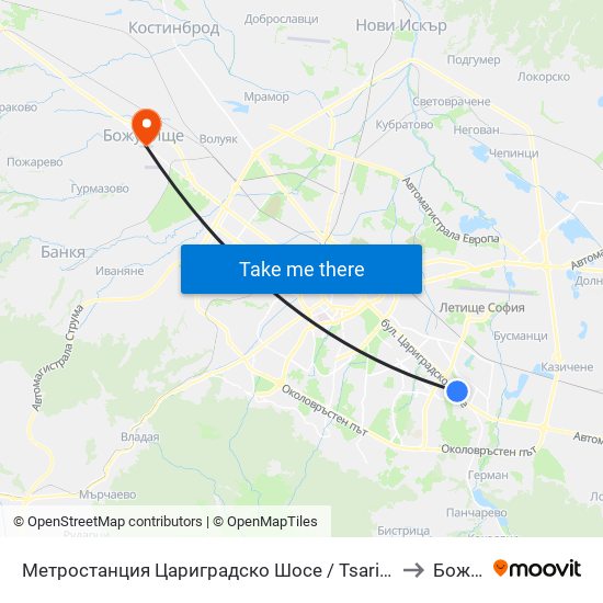 Метростанция Цариградско Шосе / Tsarigradsko Shosse Metro Station (1016) to Божурище map