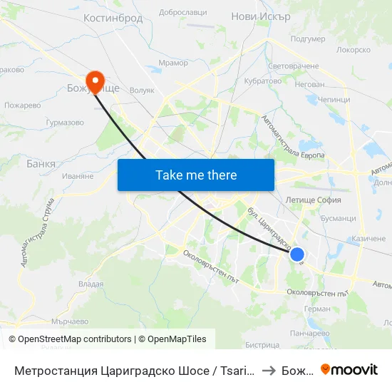 Ⓜ️ Метростанция Цариградско Шосе / Tsarigradsko Shosse Metro Station (1016) to Божурище map