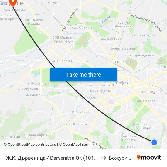 Ж.К. Дървеница / Darvenitsa Qr. (1015) to Божурище map