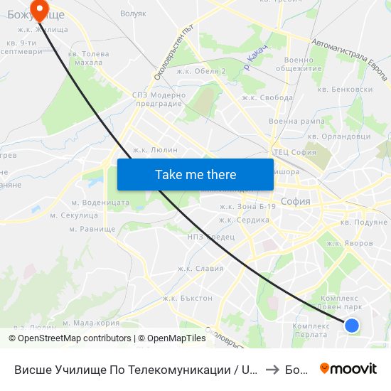 Висше Училище По Телекомуникации / University Of Telecommunications And Post (1396) to Божурище map