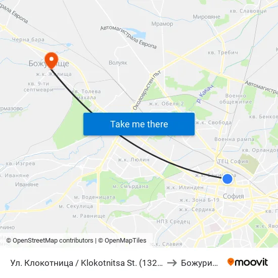 Ул. Клокотница / Klokotnitsa St. (1326) to Божурище map