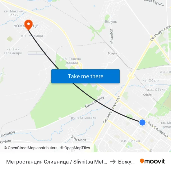 Ⓜ️ Метростанция Сливница / Slivnitsa Metro Station (1063) to Божурище map