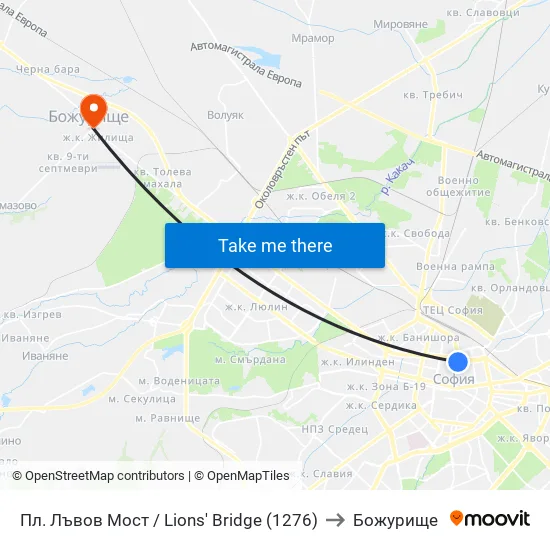 Ⓜ️ Пл. Лъвов Мост / Lions' Bridge (1276) to Божурище map