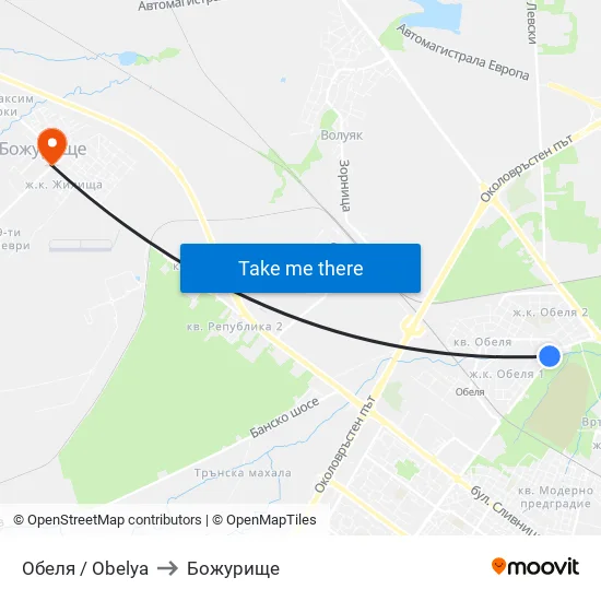 Обеля / Obelya to Божурище map