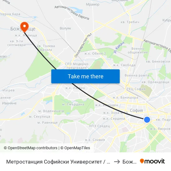 Ⓜ️🎓 Метростанция Софийски Университет / Sofia University Metro Station (2827) to Божурище map