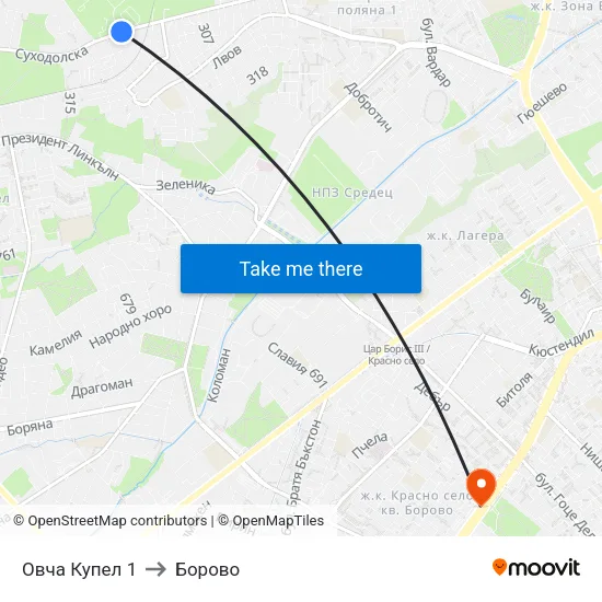 Овча Купел 1 to Борово map