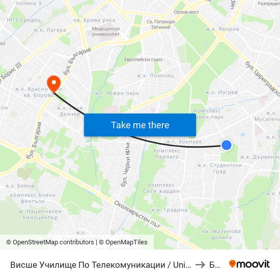 Висше Училище По Телекомуникации / University Of Telecommunications And Post (1397) to Борово map