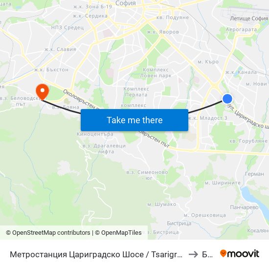 Метростанция Цариградско Шосе / Tsarigradsko Shosse Metro Station (1016) to Бояна map