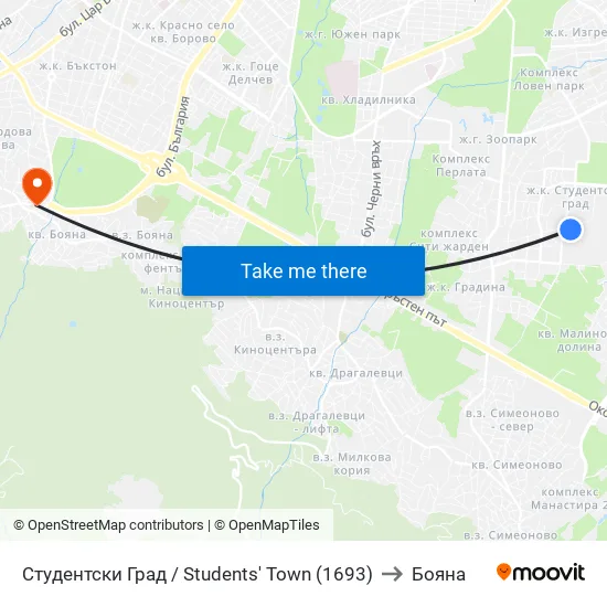Студентски Град / Students' Town (1693) to Бояна map