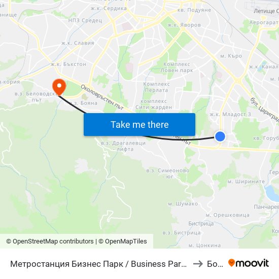 Метростанция Бизнес Парк / Business Park Metro Station (2490) to Бояна map