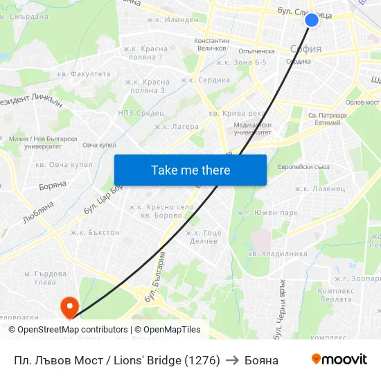 Ⓜ️ Пл. Лъвов Мост / Lions' Bridge (1276) to Бояна map