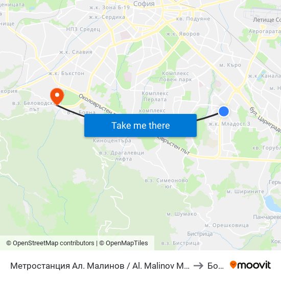 Метростанция Ал. Малинов / Al. Malinov Metro Station (0169) to Бояна map