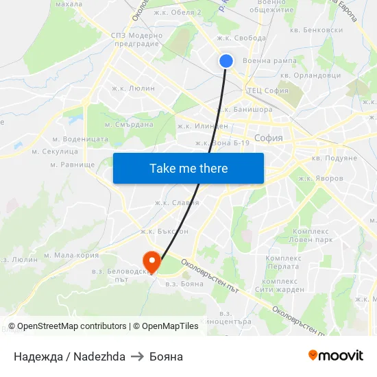 Надежда / Nadezhda to Бояна map
