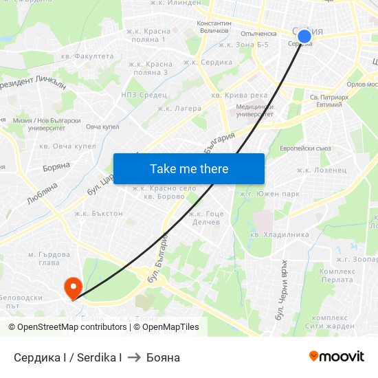 Сердика I / Serdika I to Бояна map