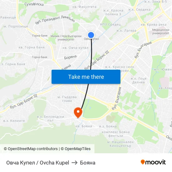 Овча Купел / Ovcha Kupel to Бояна map