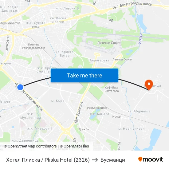 Хотел Плиска / Pliska Hotel (2326) to Бусманци map
