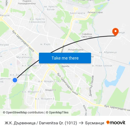 Ж.К. Дървеница / Darvenitsa Qr. (1012) to Бусманци map