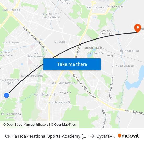 Ск На Нса / National Sports Academy (1609) to Бусманци map