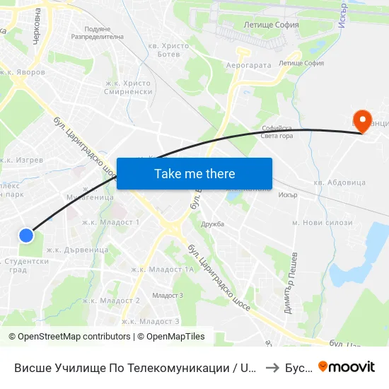 Висше Училище По Телекомуникации / University Of Telecommunications And Post (1396) to Бусманци map