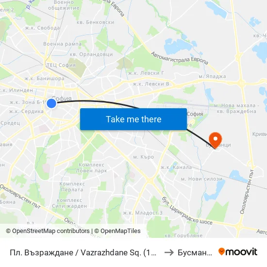 Пл. Възраждане / Vazrazhdane Sq. (1269) to Бусманци map