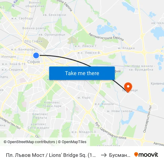 Ⓜ️ Пл. Лъвов Мост / Lions' Bridge Sq. (1275) to Бусманци map