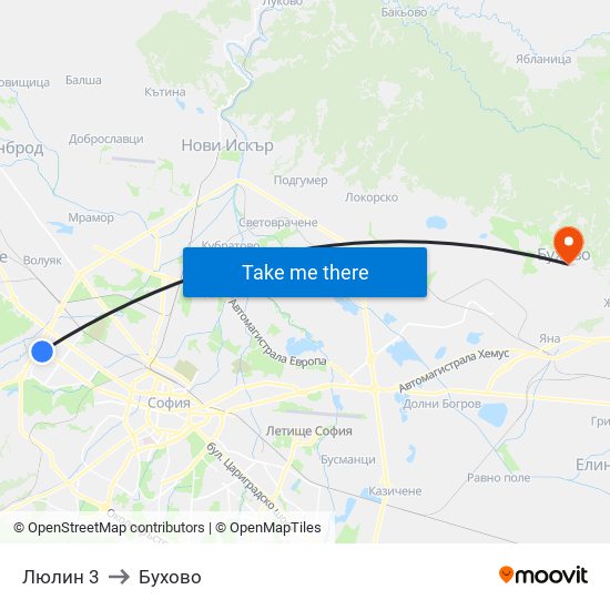 Люлин 3 to Бухово map