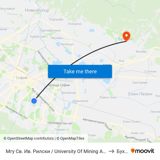 Мгу Св. Ив. Рилски / University Of Mining And Geology (1033) to Бухово map