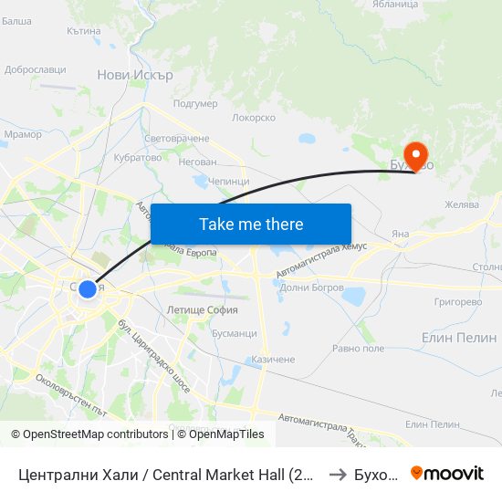 Централни Хали / Central Market Hall (2337) to Бухово map