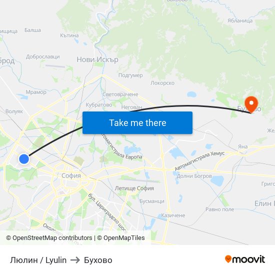 Люлин / Lyulin to Бухово map