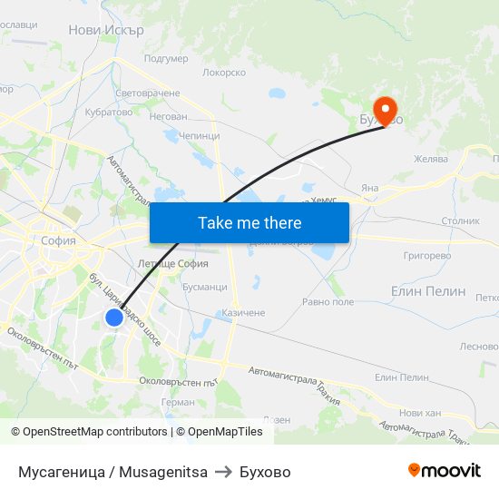 Мусагеница /  Musagenitsa to Бухово map