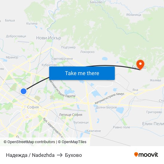 Надежда / Nadezhda to Бухово map