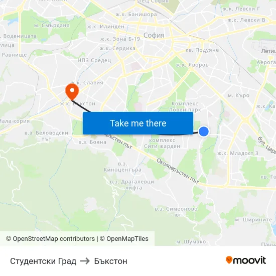 Студентски Град to Бъкстон map