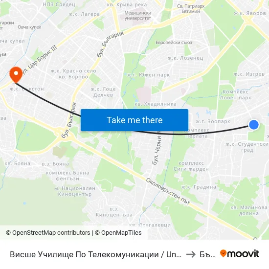 Висше Училище По Телекомуникации / University Of Telecommunications And Post (1397) to Бъкстон map
