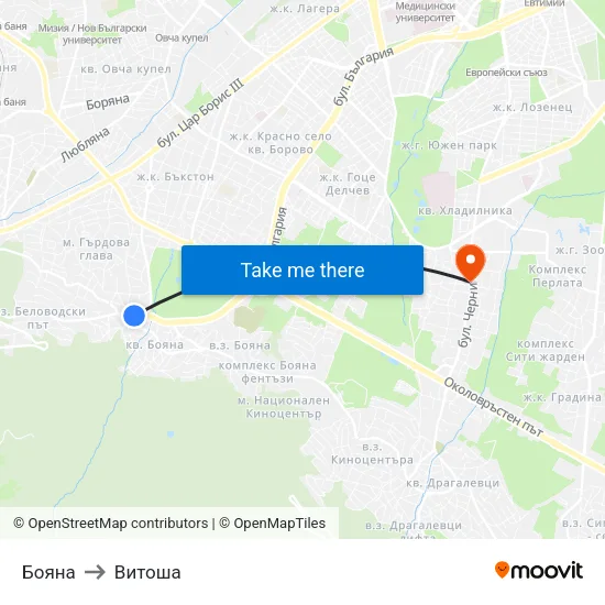 Бояна to Витоша map