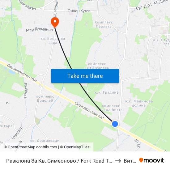 Разклона За Кв. Симеоново / Fork Road To Simeonovo Qr. (1458) to Витоша map