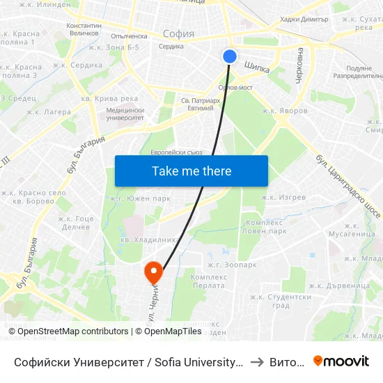 Софийски Университет / Sofia University (1699) to Витоша map
