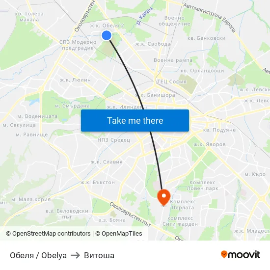 Обеля / Obelya to Витоша map