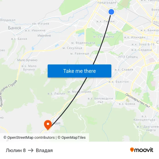 Люлин 8 to Владая map
