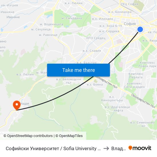 Софийски Университет / Sofia University (1698) to Владая map