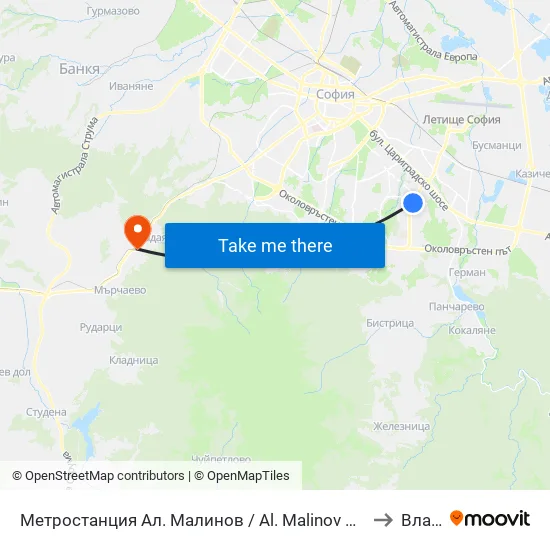 Ⓜ️ Метростанция Ал. Малинов / Al. Malinov Metro Station (0169) to Владая map