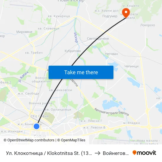 Ул. Клокотница / Klokotnitsa St. (1326) to Войнеговци map