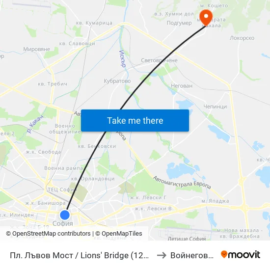 Ⓜ️ Пл. Лъвов Мост / Lions' Bridge (1276) to Войнеговци map