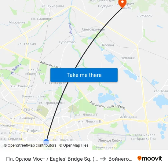 Ⓜ️ Пл. Орлов Мост / Eagles' Bridge Sq. (1289) to Войнеговци map