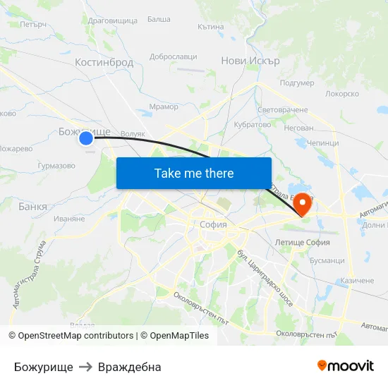 Божурище to Враждебна map