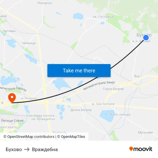 Бухово to Враждебна map
