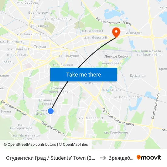 Студентски Град / Students' Town (2382) to Враждебна map
