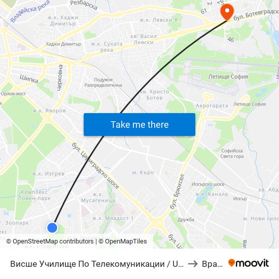 Висше Училище По Телекомуникации / University Of Telecommunications And Post (1396) to Враждебна map